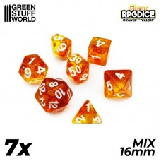 7x Dadi Mix 16 mm - Arancione/Giallo Trasparente